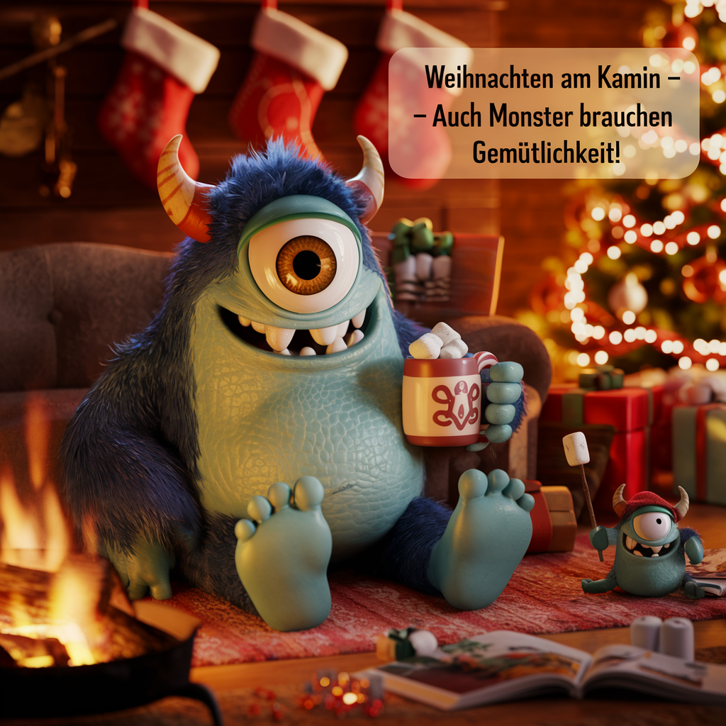 Monster feiert Weihnachten am Kamin